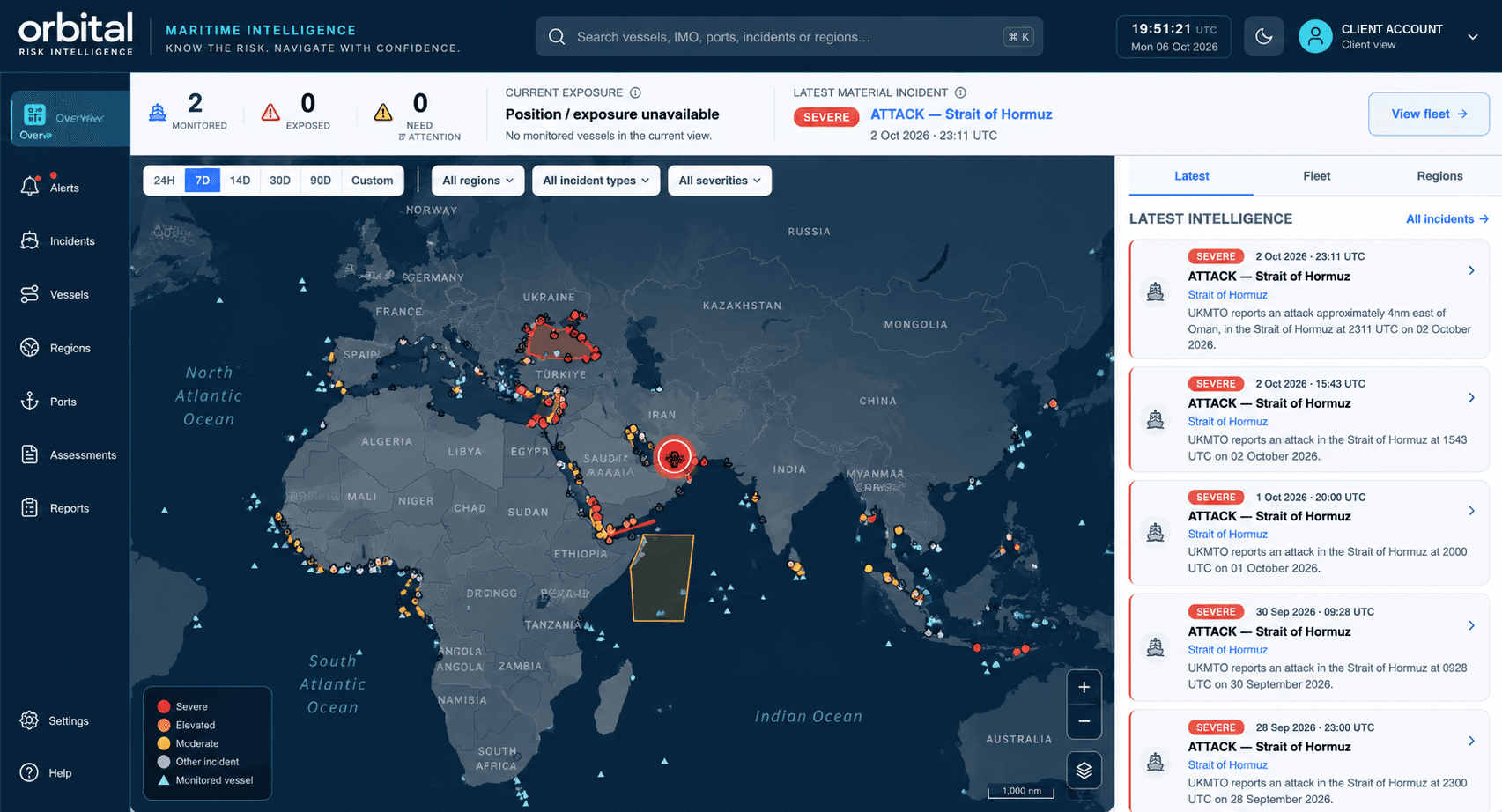 Orbital maritime operating picture, a world map of monitored vessels and incidents